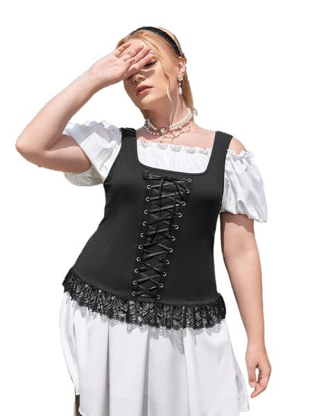 

plus 1pc contrast lace ruffle hem grommet lace up tank v0zp#, Black