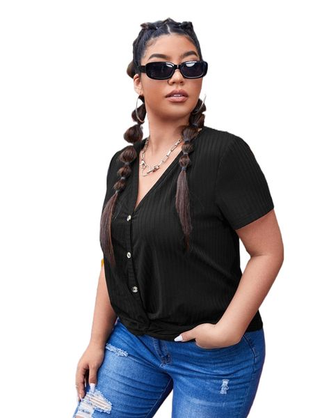

plus twist hem button front tee y6aw#, Black