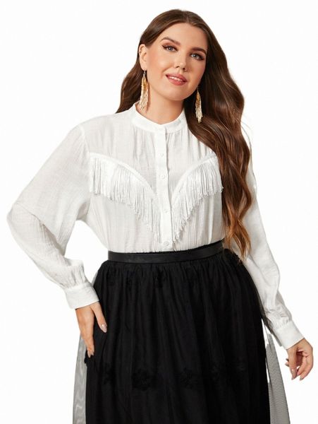 

plus solid fringe trim shirt c8wa#, Black