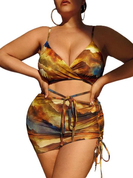 

plus 3pack tie dye tie front bikini swimsuit & beach skirt 65of#, White;black