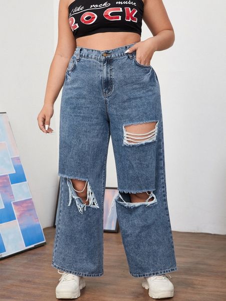 

plus high waist cut out wide leg jeans 65uv#, Blue