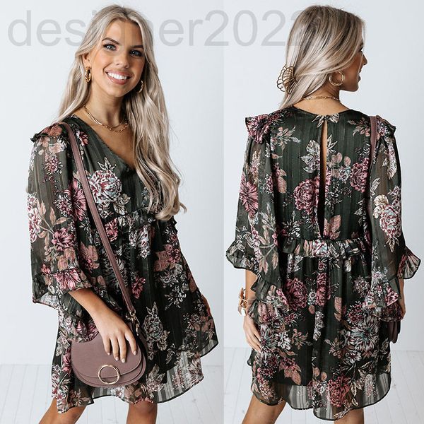 

casual dresses designer women's spring and summer new fashion printed v-neck ruffle seven sleeve casual dress, Black;gray