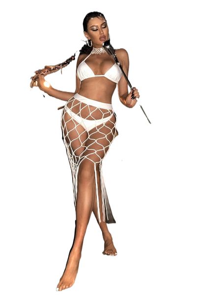 

plain halter triangle bikini swimsuit & fishnet cover up skirt a8dr#, White;black