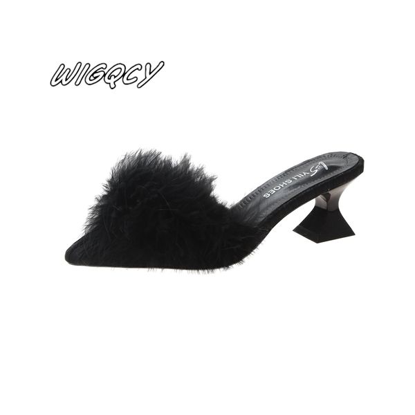 

women's set toe-shaped non-slip high heels fashion rubber bottom elastic cloth summer shallow fur shoes 220326, Black