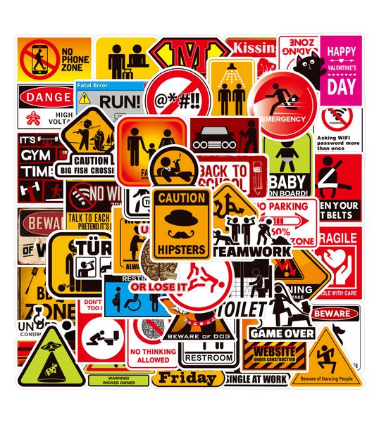 

50pcs pack warn sign kids toys graffiti stickers pack for car luggage funny motorcycle diy skateboard guitar waterproof decals