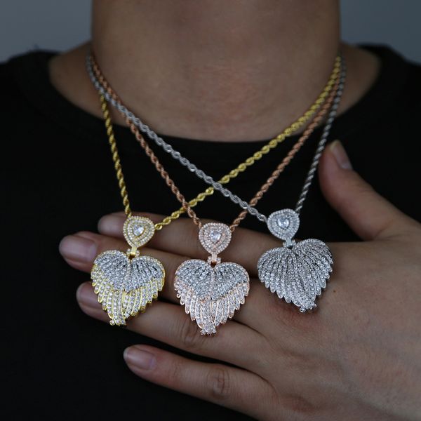 

wings heart shaped pendent necklace iced out cubic zirconia charm with rope chain necklaces for men women fashion jewelry, Silver