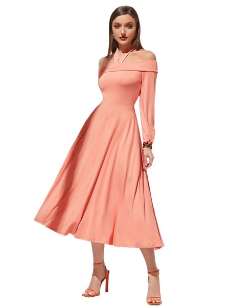 

solid flare hem off shoulder halter dress q19f#, Black;gray