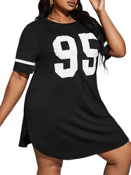

sxy plus number print tee dress r2sd#, Black