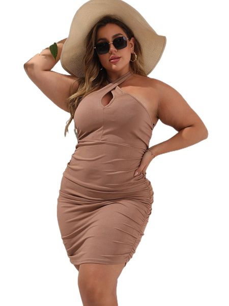 

plus criss cross front ruched side backless halter dress t9xl#, Black