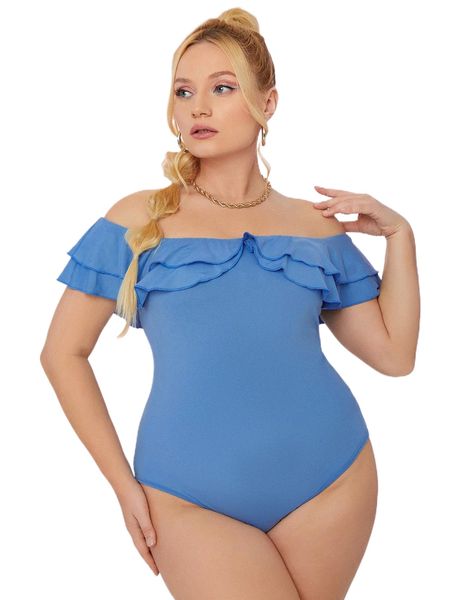 

plus off shoulder layered ruffle trim bodysuit m5xn#, Black
