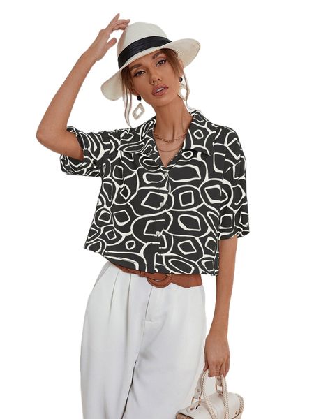 

single breasted drop shoulder geo print blouse n4jd#, White