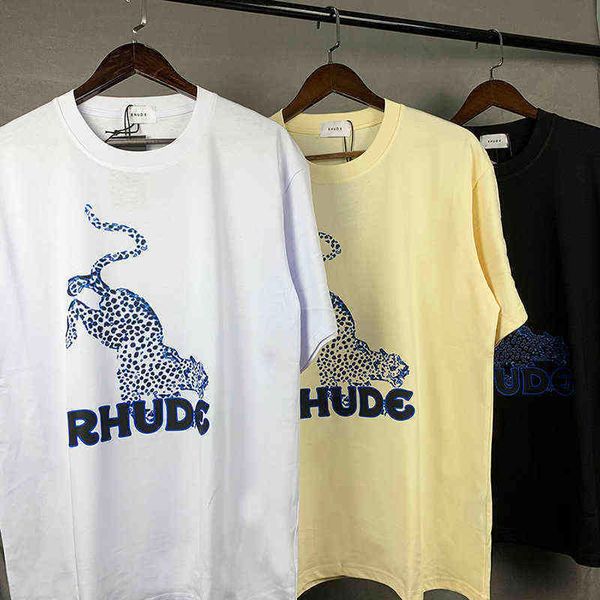 

brand designer t shirt oversized 2022 rhude leopard print street men women 1:1 hd castle t-shirt, White;black