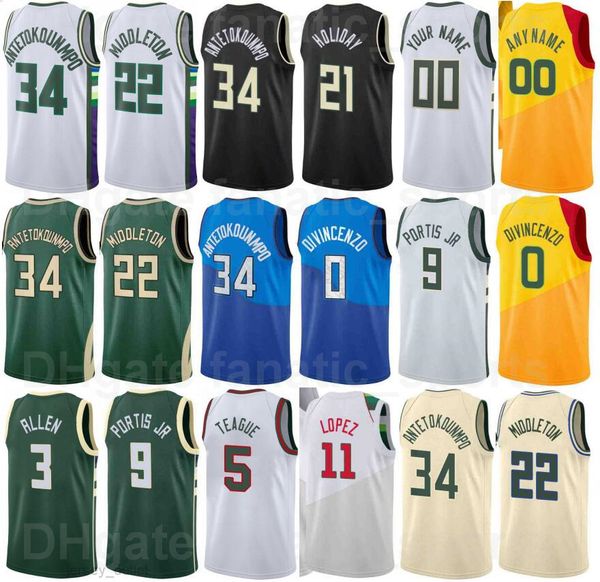 Gedrucktes Basketball-Trikot zum 75-jährigen Jubiläum von Brook Lopez, 11 Jrue Holiday, 21 Khris Middleton, 22 Bobby Portis, 9 George Hill, 3 Giannis Antetokounmpo, 34 Männer, Frauen, Jugend