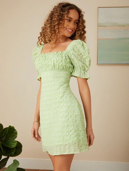 

puff sleeve ruched bust solid dress d28x#, Black;gray