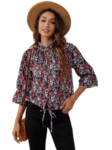 

floral print tie neck flounce sleeve blouse q9br#, White