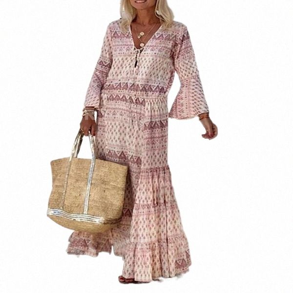 

casual dresses 2022 spring summer geometric print maxi dress fashion bohemian harajuku v-neck long women 3/4 flared sleeve beach z94h#, Black;gray