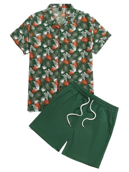 

men tropical print shirt & drawstring waist shorts m5h3#, Gray