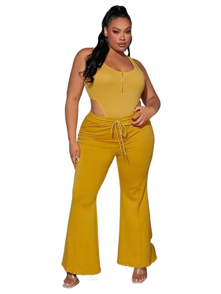 

sxy plus zip front tank bodysuit & drawstring waist flare leg pants m2xh#, Black