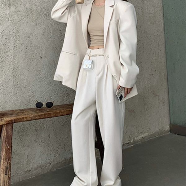 

office lady blazer sets loose two piece set women korean style high waist wide leg trousers pants suits casual suit coat 2 piece 220712, White