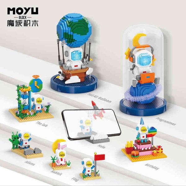 Moyu Creative Space Life Life Astronauta Micro Construção Blocos Idéias Mini Espaço Conjunto de Torros de Tijolos Para Crianças Telefone Móvel Stand J220624