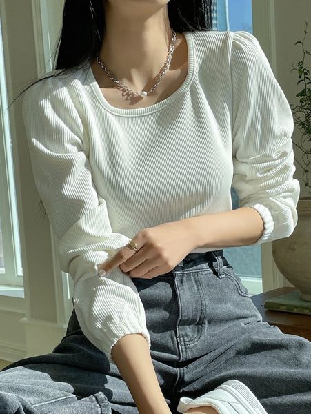 

dazy ribbed knit puff sleeve tee b3kf#, White