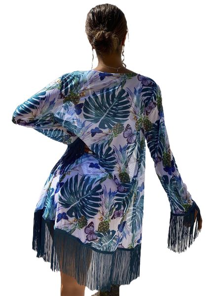 

random tropical print mesh fringe trim kimono j2zs#, White;black