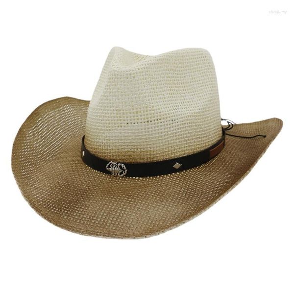 Berets Mode Western Cowboy Strohhut Für Männer Frauen Sommer Gradienten Spray Farbe Outdoor Reise Sonne Große Krempe CapBerets oliv22