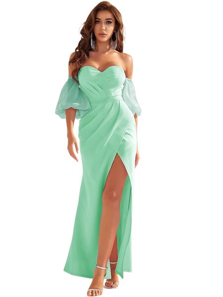 

off shoulder puff sleeve wrap split thigh dress w9zg#, Black;gray