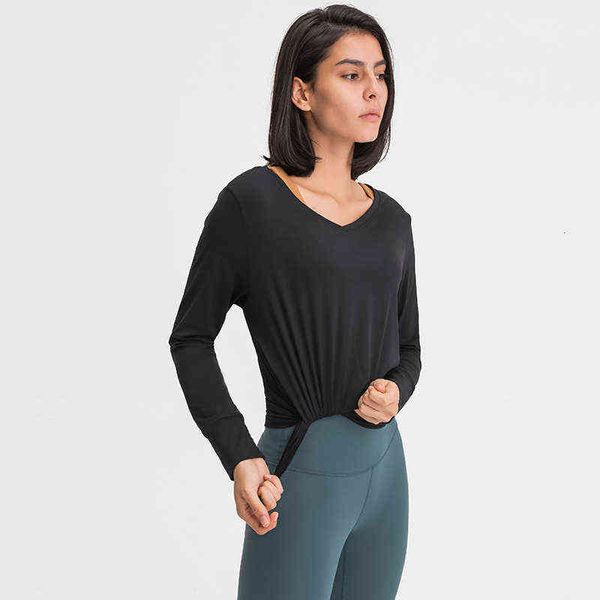 

designer women's t-shirt vest straight autumn and winter fashion u-neck split fit high yoga cloth long sleev, White