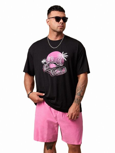 

extended sizes men car & palm tree print drop shoulder tee & shorts 57ri#, Gray