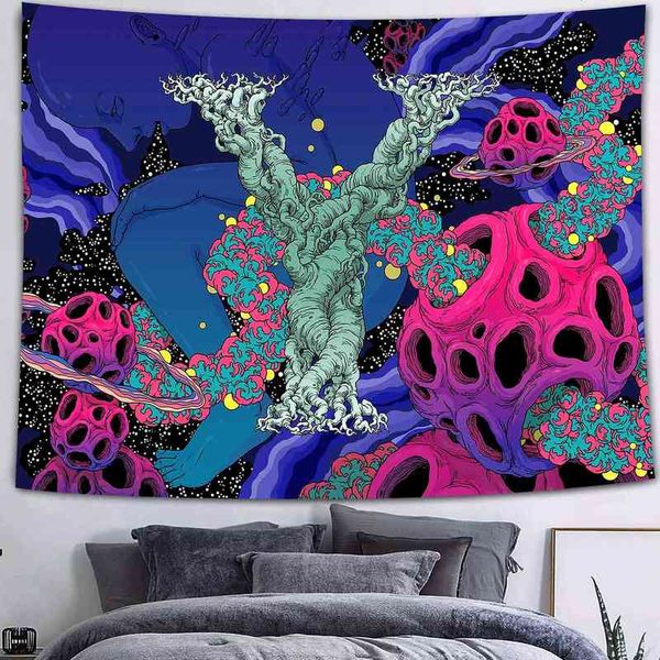 Psychedelic Forest Castle Tapisserie Trippy Mandala Kunst Wandteppiche für Wohnzimmer Mond Löwe Home Wohnheim Dekor J220804