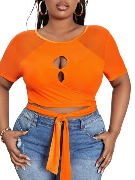 

plus cut out knot front crop mesh tee x5ad#, Black