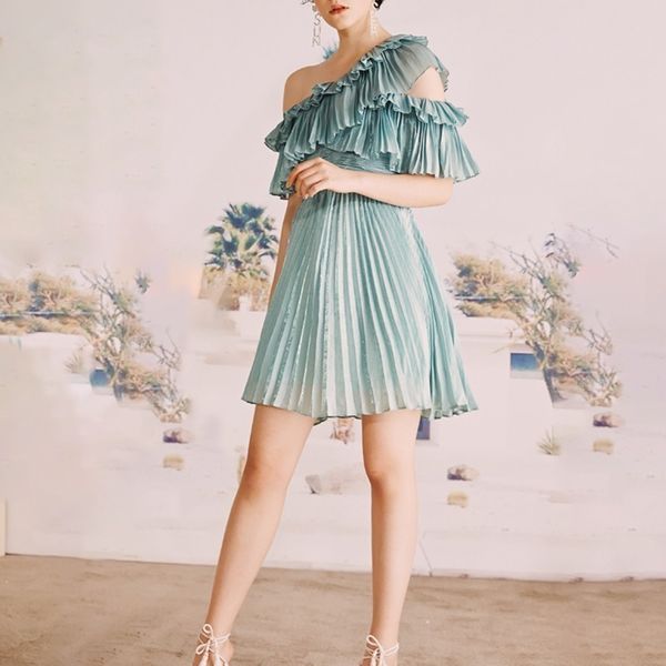 

patchwork ruched dress for women skew collar short ruffles sleeve high waist loose mini dresses female fashion clothing 210507, Black;gray