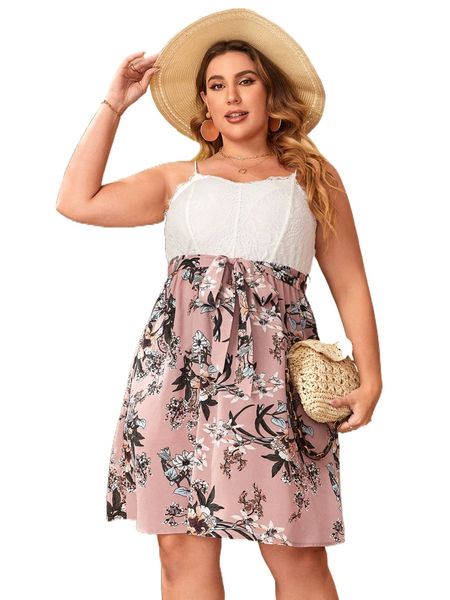 

plus floral print belted contrast lace cami dress o28t#, Black