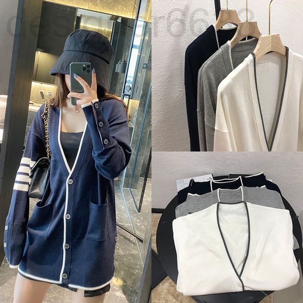 

women's knits & tees designer medium and long cardigan jacket women's spring autumn korean striped color matching v-neck with thin, White