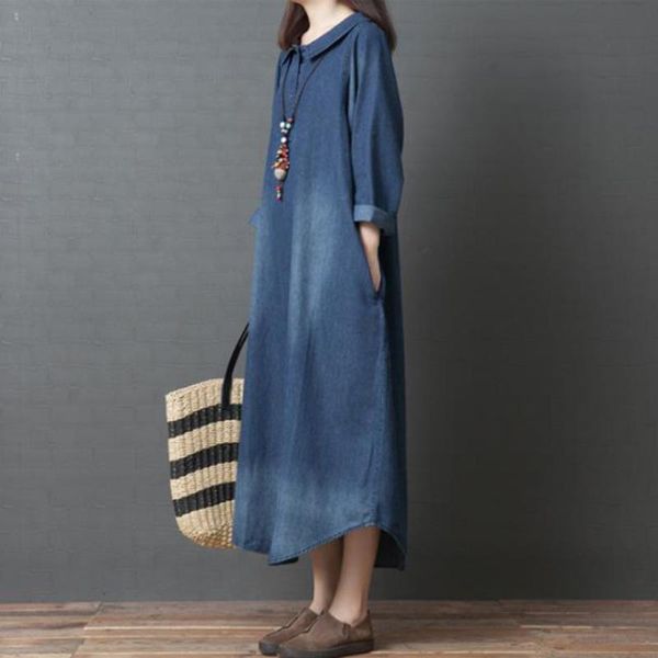 

casual dresses women vintage denim maxi dress 2022 spring summer long sleeve loose boho kaftan jeans robe tunic plus size, Black;gray