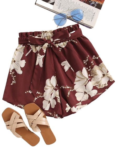 

floral belted paperbag waist shorts t1hc#, White;black