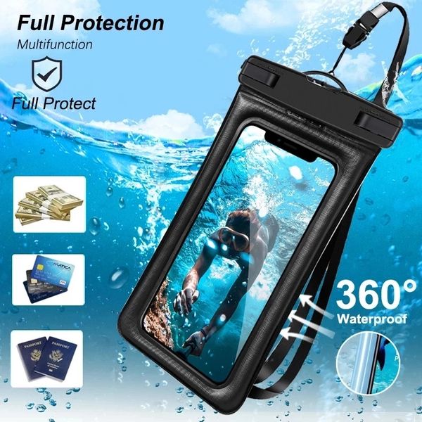 Universelle schwimmende Airbag-wasserdichte Badetaschenhüllen, leuchtende Gadget-Strandtasche, Badetaschen-Abdeckung für iPhone 15 14 13 12 Mini Pro 3,5–6 Zoll Smartphone