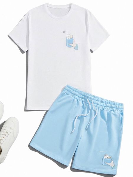 

men cartoon & letter graphic tee & drawstring waist shorts 64ys#, Gray
