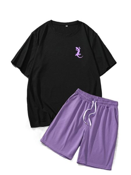 

men lizard print tee & drawstring waist shorts 103w#, Gray