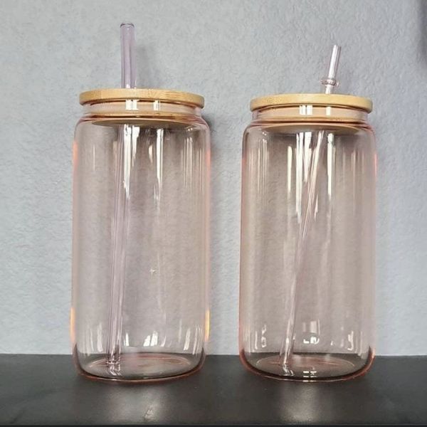 16 Unzen farbige rosa Glasbecher können geformte Eis-Coca-Teetassen Glaswasserflasche Tumbler Trinken mit Bambusdeckel und Strohhalm FY5552