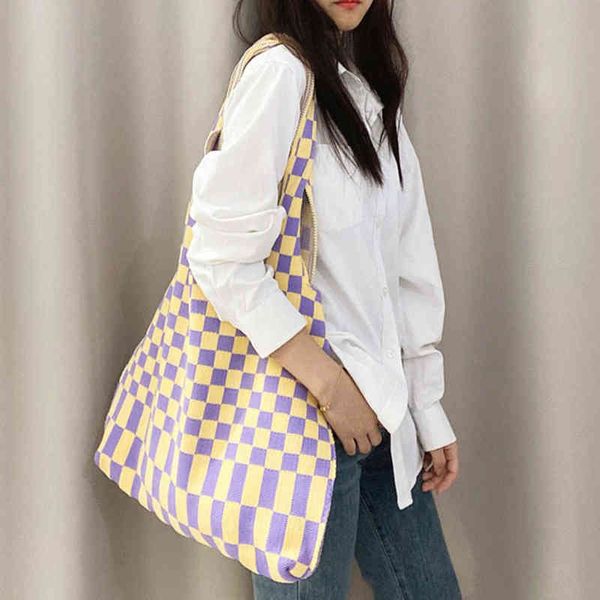 

evening bags checkerboard plaid women shoulder bag designer large color crochet handbag and purse knitting big tote shopper lady 220507