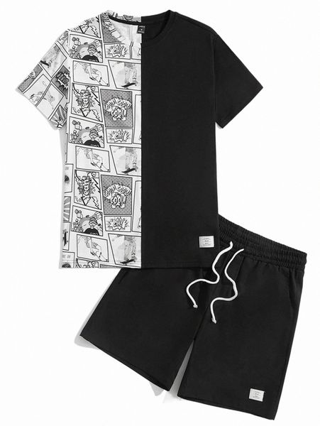 

men pop art print tee & patch detail drawstring waist shorts 07ha#, Gray