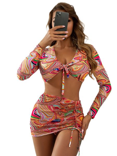 

3pack allover print knot bikini swimsuit & beach skirt g3mp#, White;black