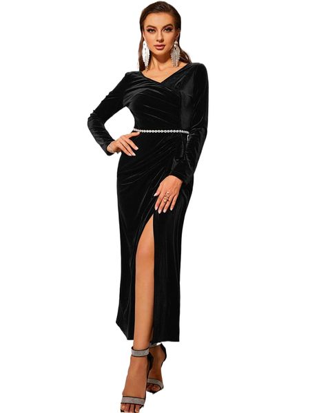 

velvet ruched ruffle trim wrap dress z59e#, Black;gray