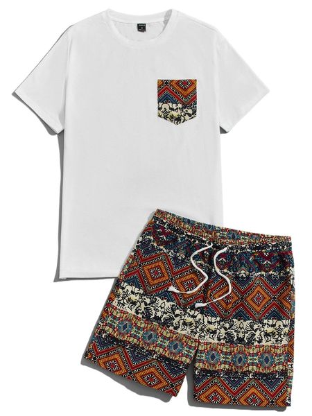 

men geo print tee & drawstring waist shorts set r162#, Gray