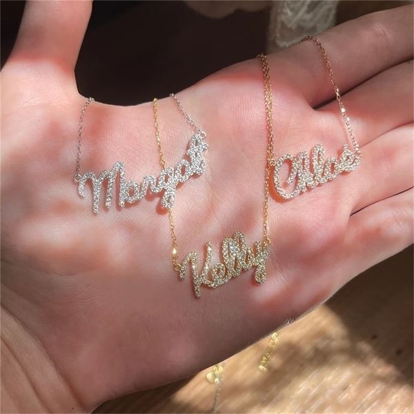 

diamond name necklace custom handwritten personalized crystal pendant for women zirconia gifts 220716, Silver