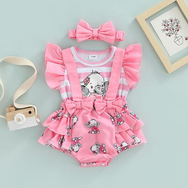 

infant girl 2pcs rompers outfit pleated fly sleeves cartoon print patchwork striped romper bow headband baby clothing, Blue