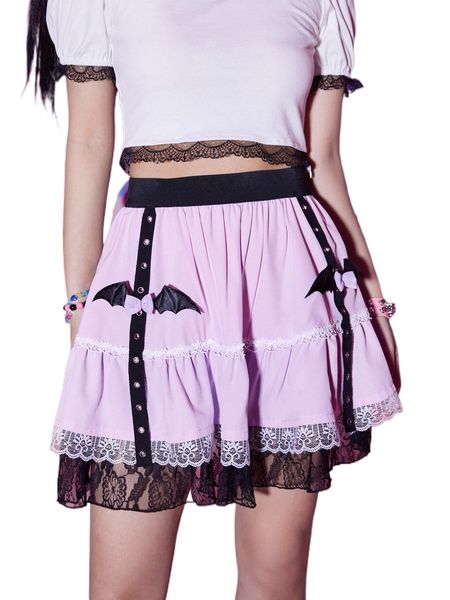 

romwe anime contrast lace grommet eyelet bow decor skirt q733#, Black