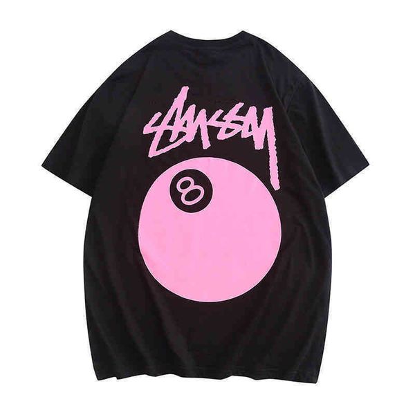 

2022 new american high street trendy classic black 8 ball billiards round neck short t-shirt men and women lovers looses cotton, White;black